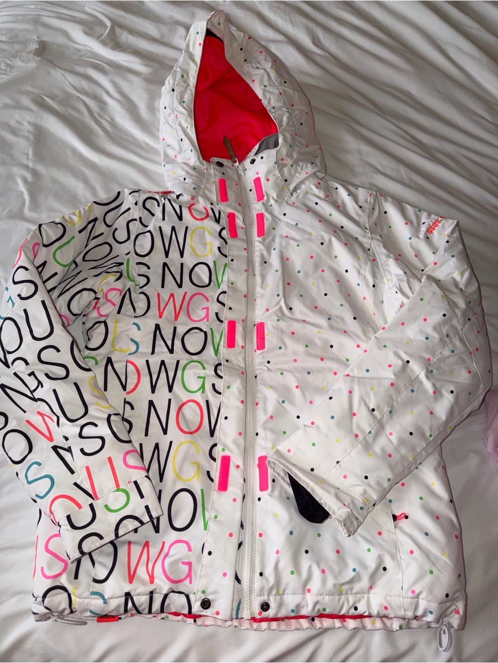 Snowboard set Jacket and Pants. White Polka Dot, Ski Jacket and neon pink pants